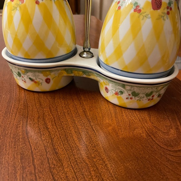 Ceramic Oil and Vinegar Dispenser Set - Blue and Yellow hand painted.  Cruet Set - Picture 3 of 7